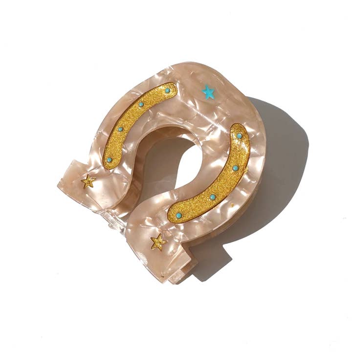 Solar Eclipse Hand-Painted Lucky Horseshoe Hair Clip | Western - Champagne/Gold