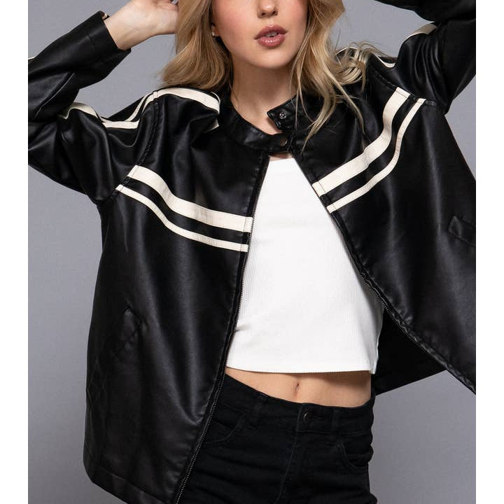 Active Basic Long Sleeve Line Detail Washed Effect Faux Leather Jacket