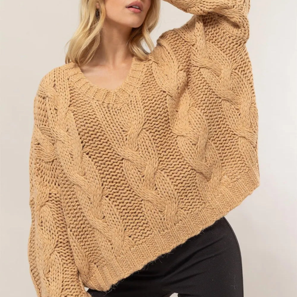 HYFVE V Neck Cable Knit Oversized Sweater by HYFVE