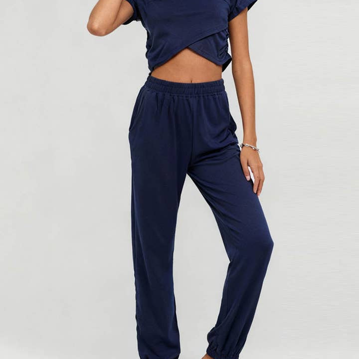 Sweetkama Ladies Solid Color Crop Top and Pants Set