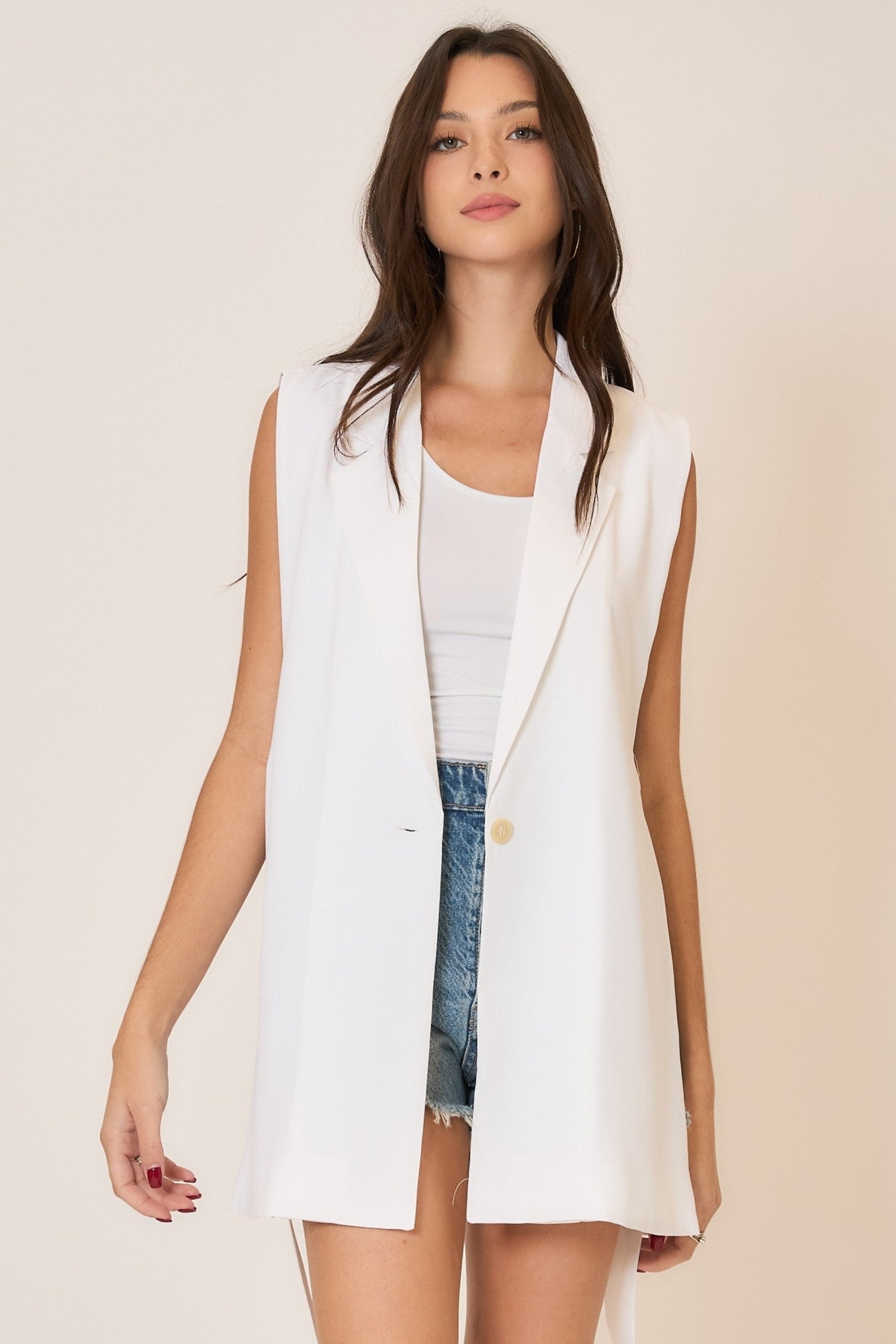 GOLDEN Pomeline Single Button Blazer Vest with Open Side Seams - White