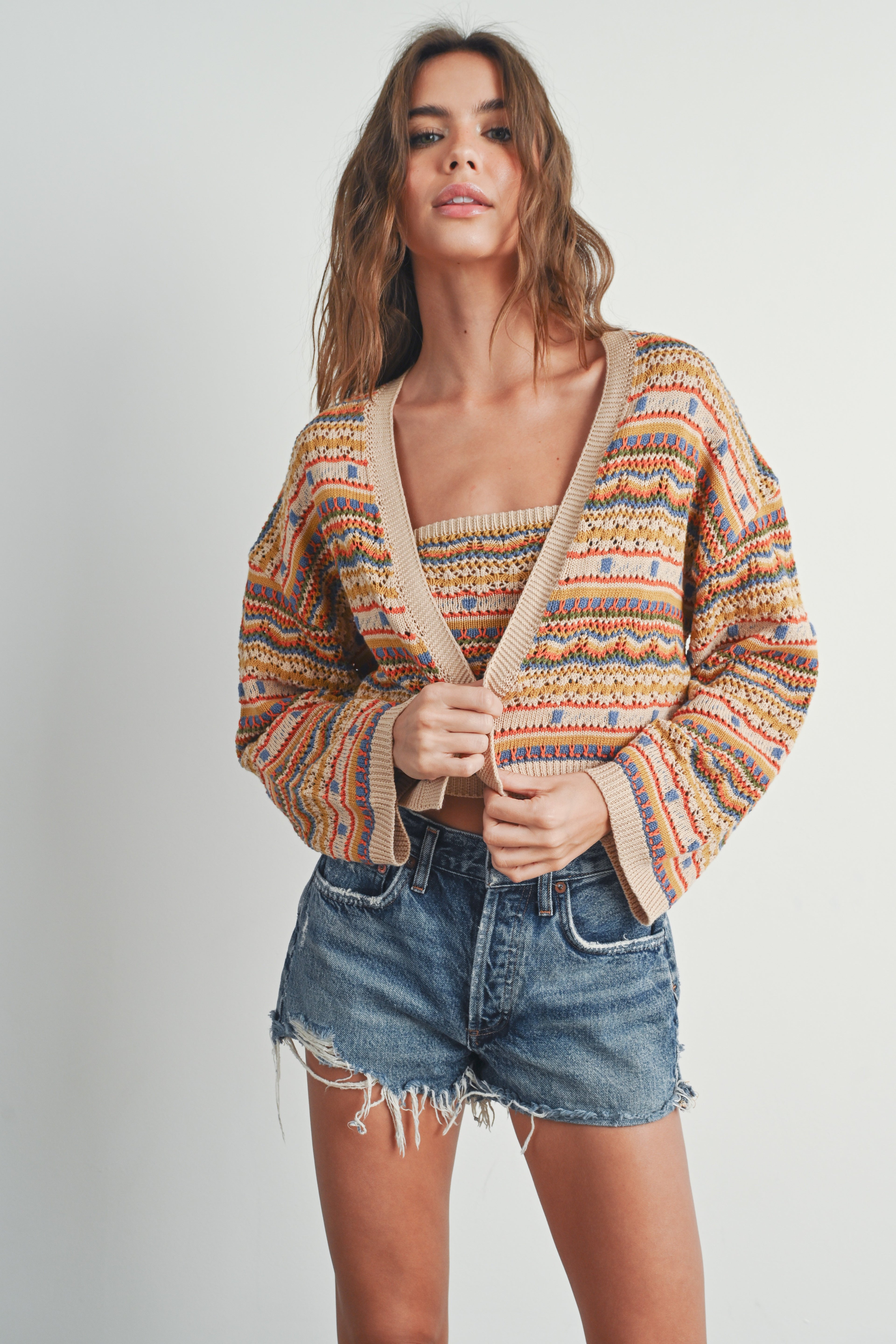 GOLDEN Arwen Striped And Geo Pattern Sweater Knit Cardigan