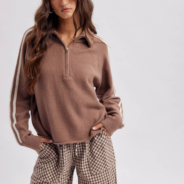Wishlist Apparel Varisty Sport Stripe Half Zip Sweater Mocha