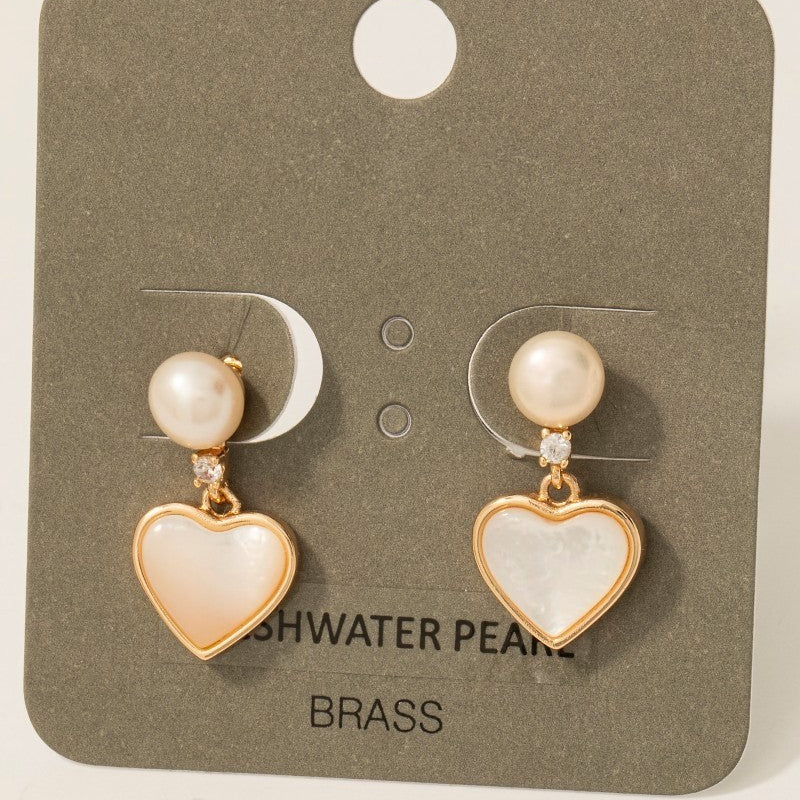 GOLDEN Bastienne Freshwater Pearl Heart Charm Stud Drop Earrings