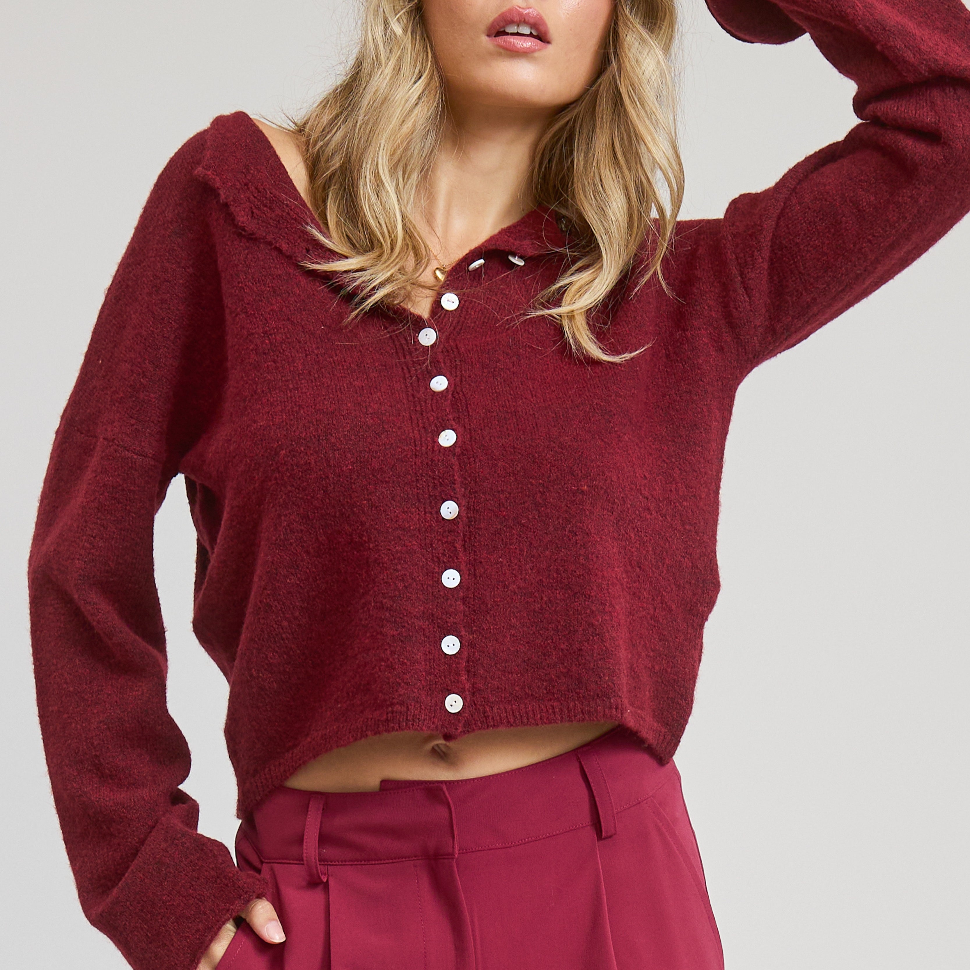 GOLDEN Pilialoha Essential Button Down Cardigan Top Burgundy