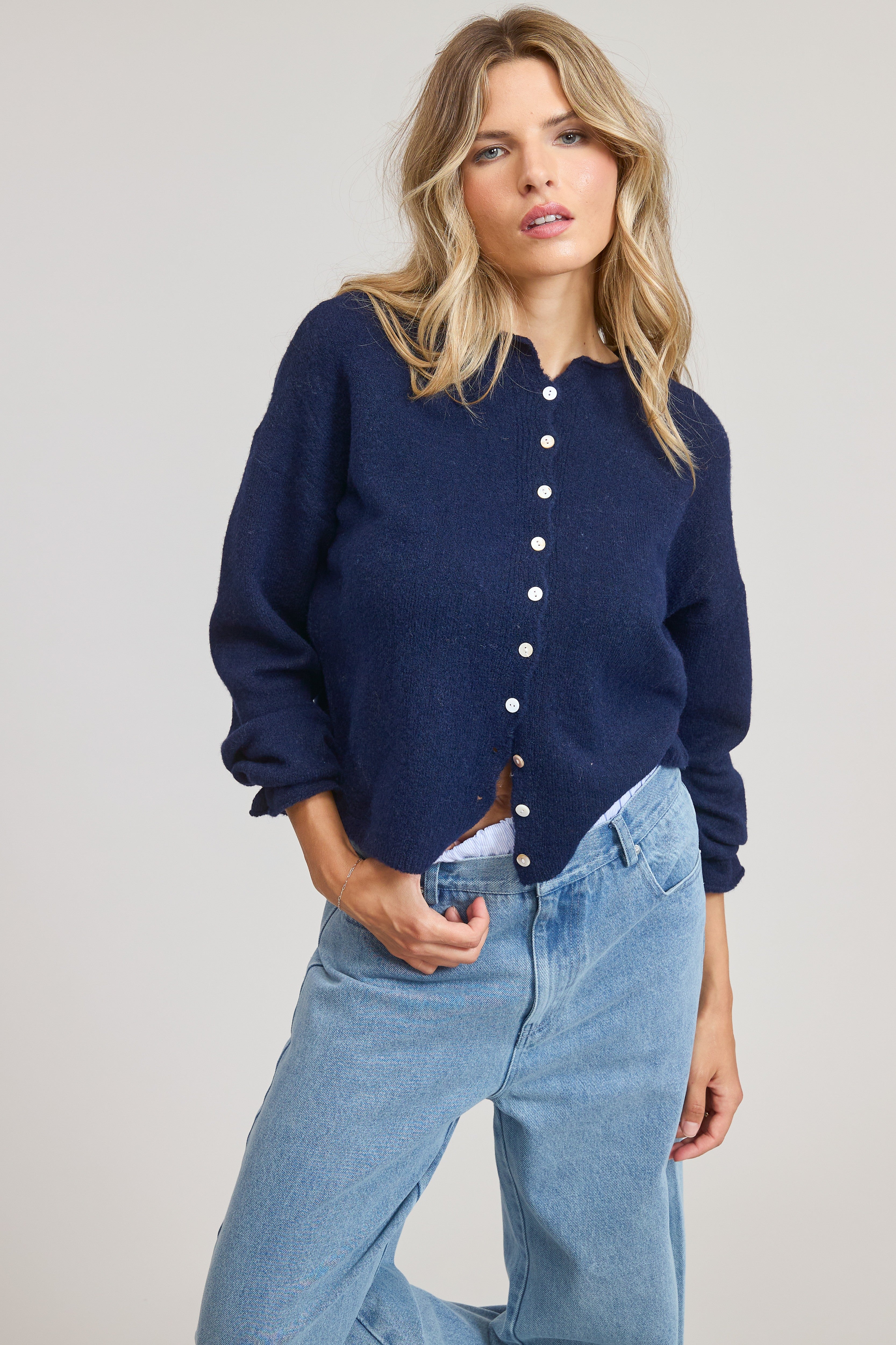 GOLDEN Pilialoha Essential Button Down Cardigan Top Navy