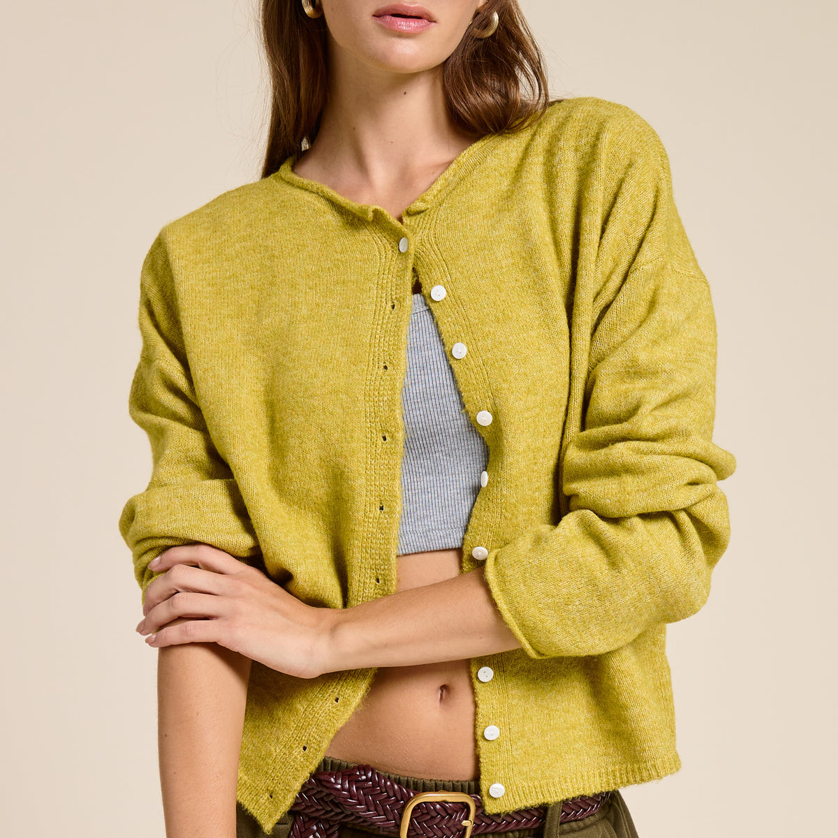 GOLDEN Pilialoha Essential Button Down Cardigan Top Dijon