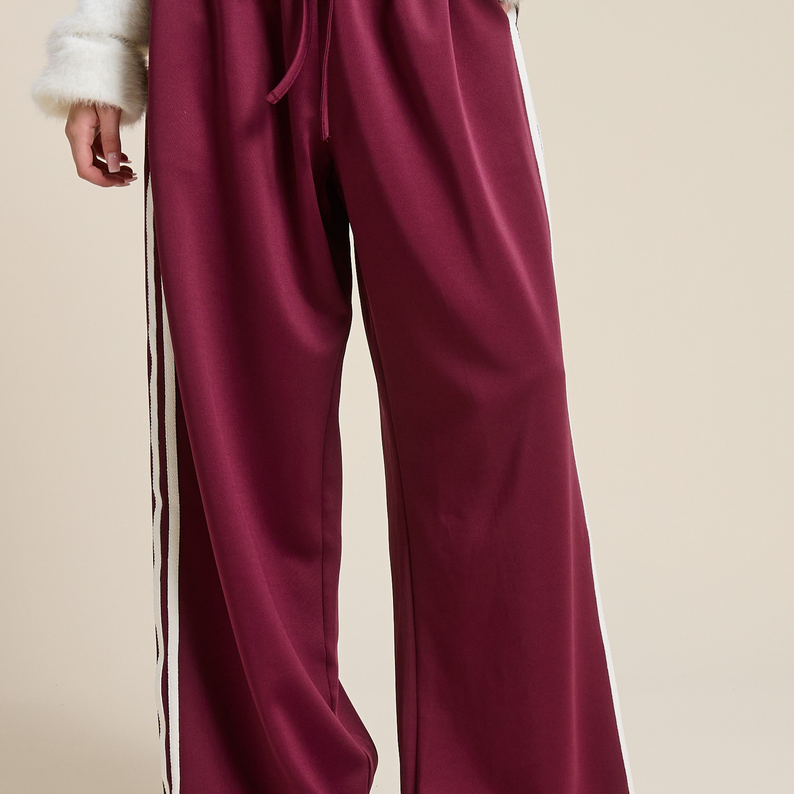 GOLDEN Vera Wide Leg Track Pants With Side Stripes Maroon