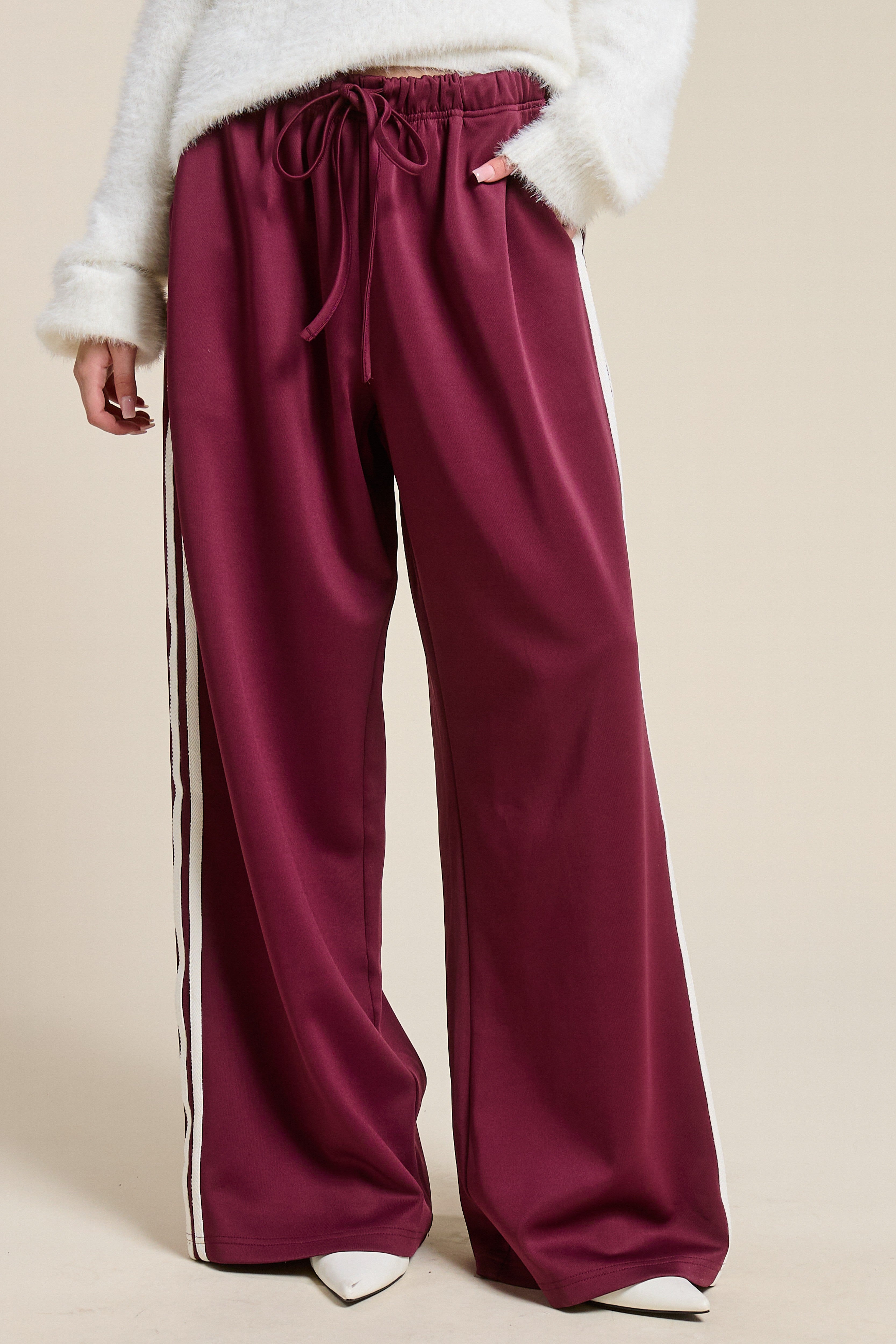 GOLDEN Vera Wide Leg Track Pants With Side Stripes Maroon