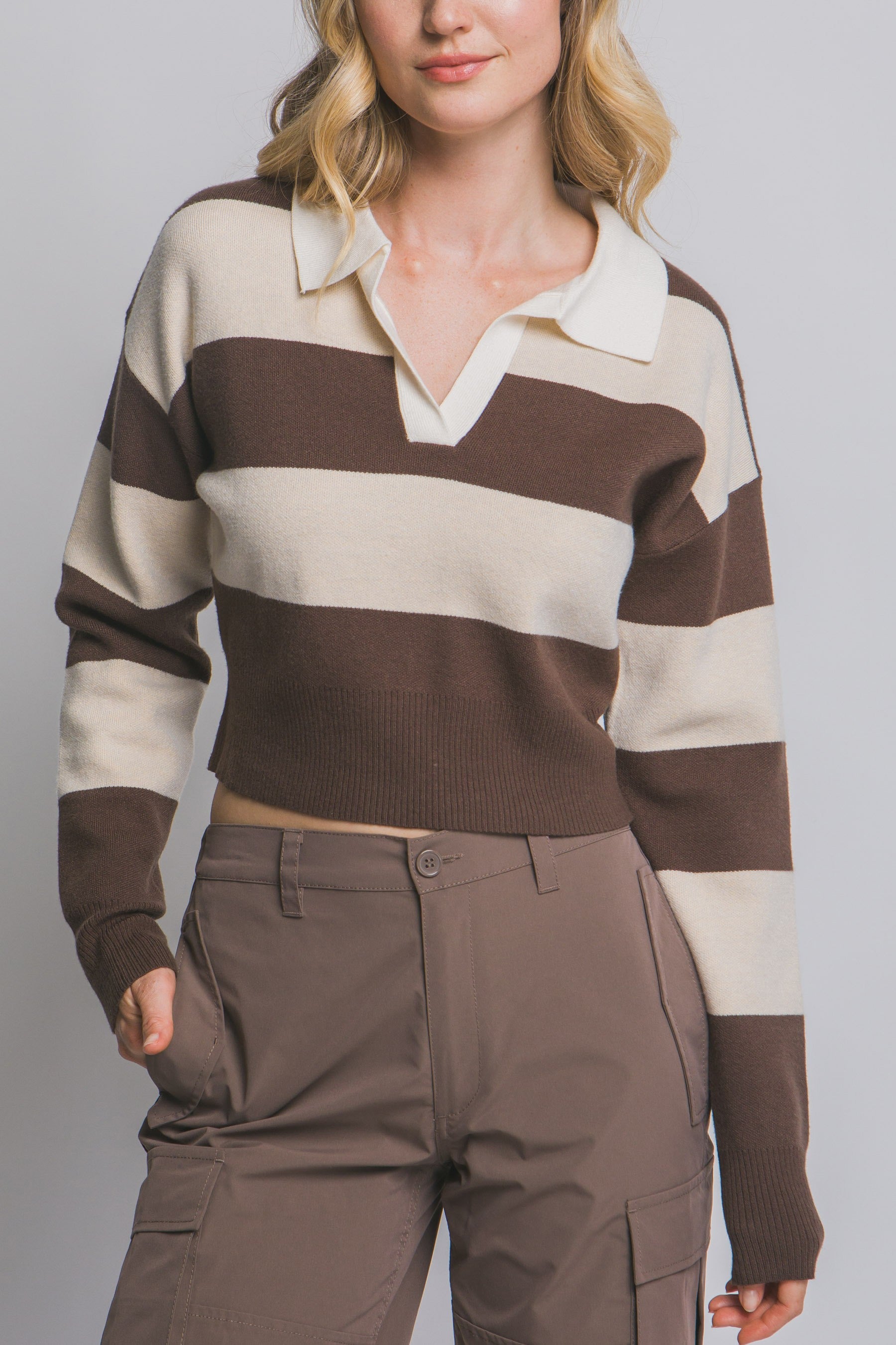 GOLDEN Axelle Stripe Polo Sweater - Brown/Beige