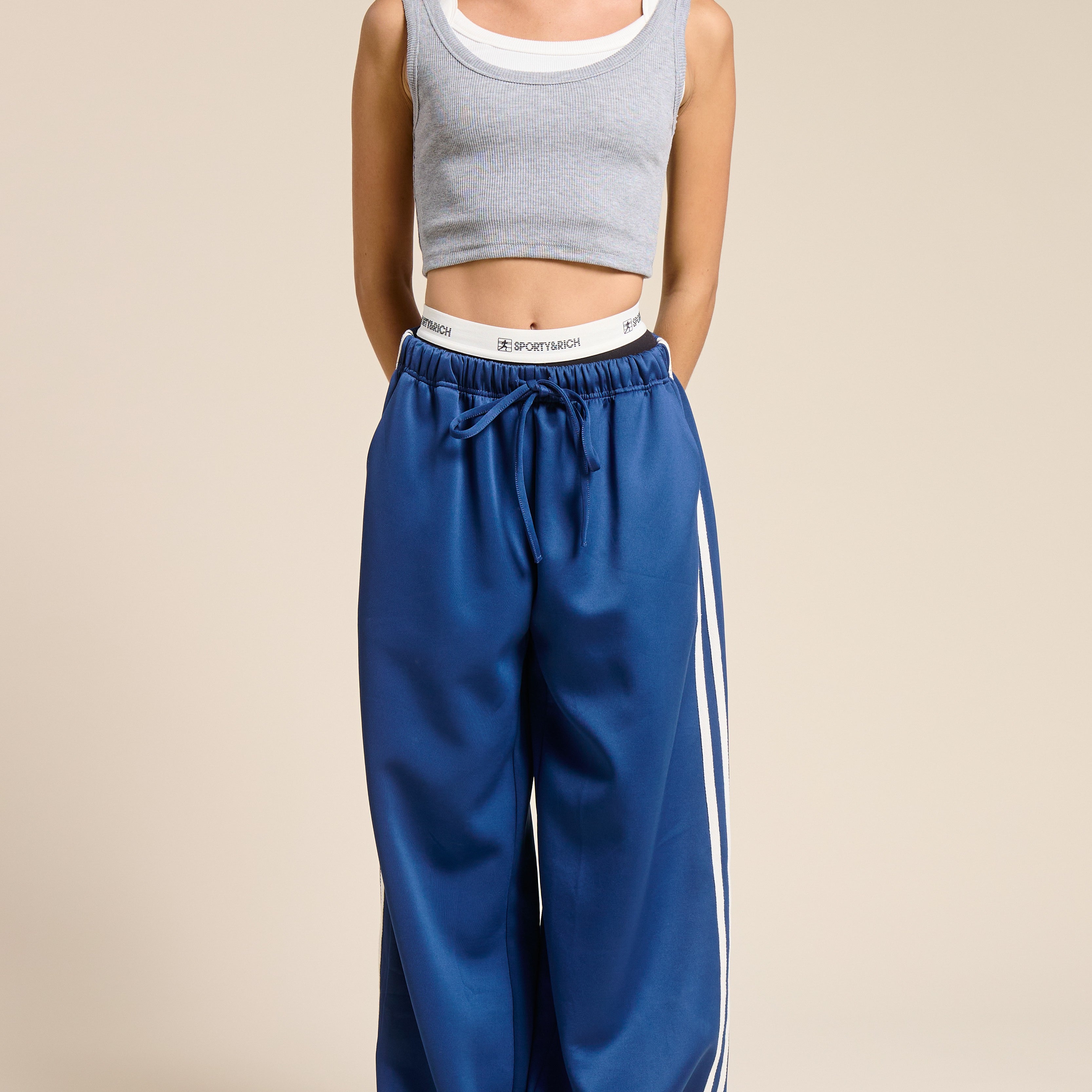 GOLDEN Vera Wide Leg Track Pants With Side Stripes Blue