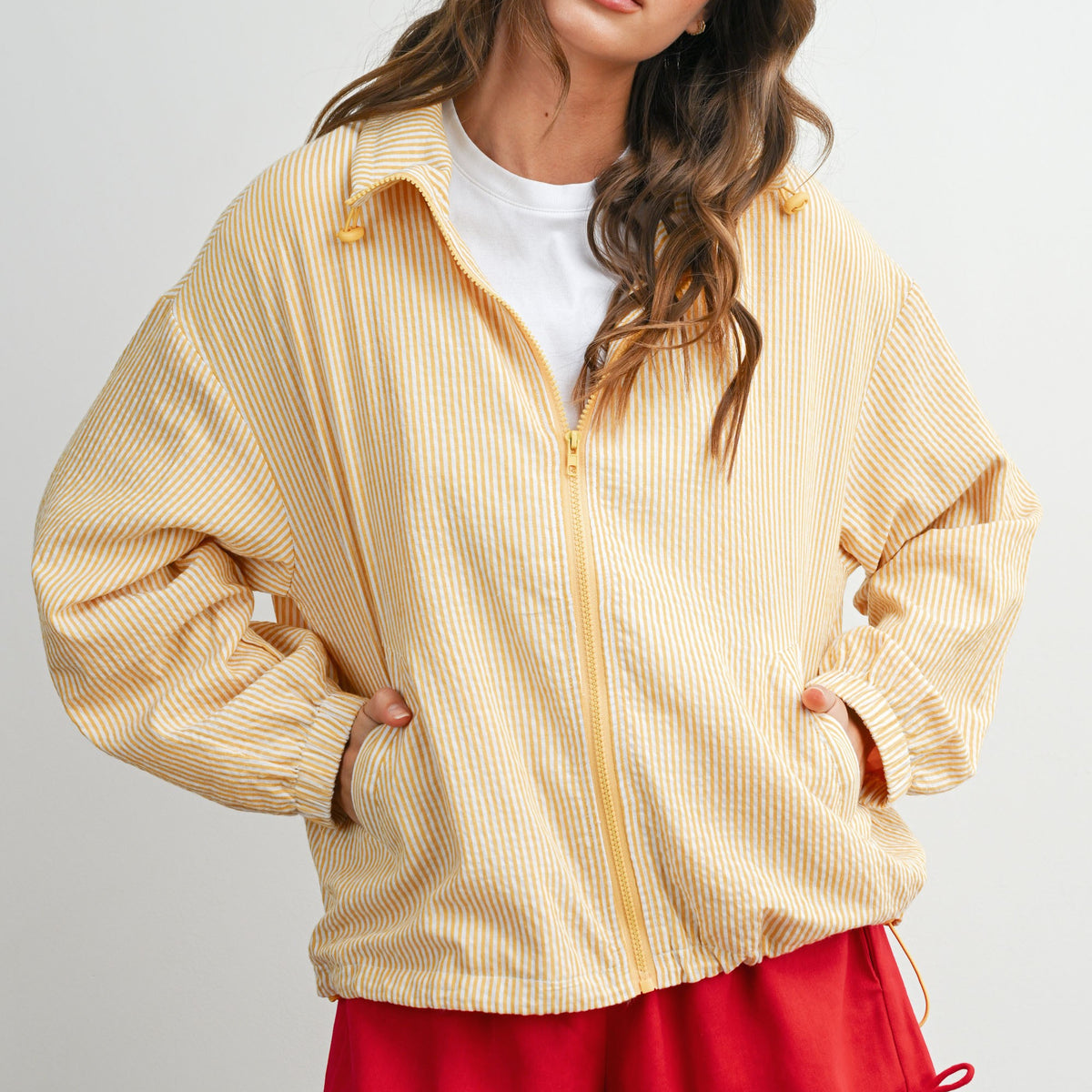GOLDEN Isolde Striped Collared Zip-front Drawstring Jacket by GOLDEN