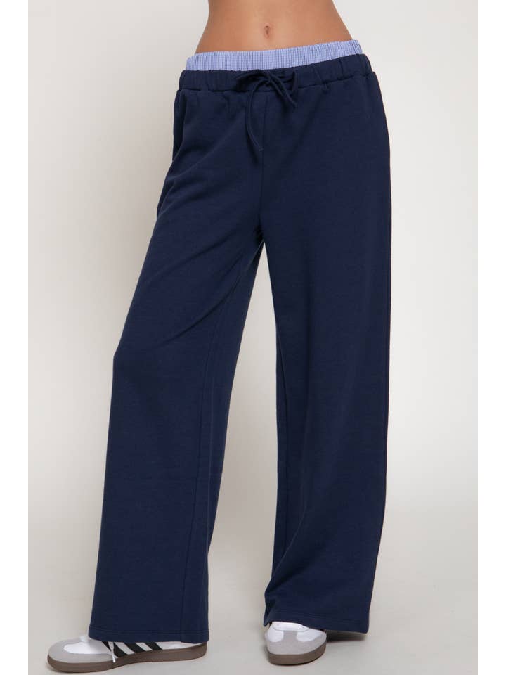 Active Basic Elastic Waist Long Pants with Contrasting Check Panel