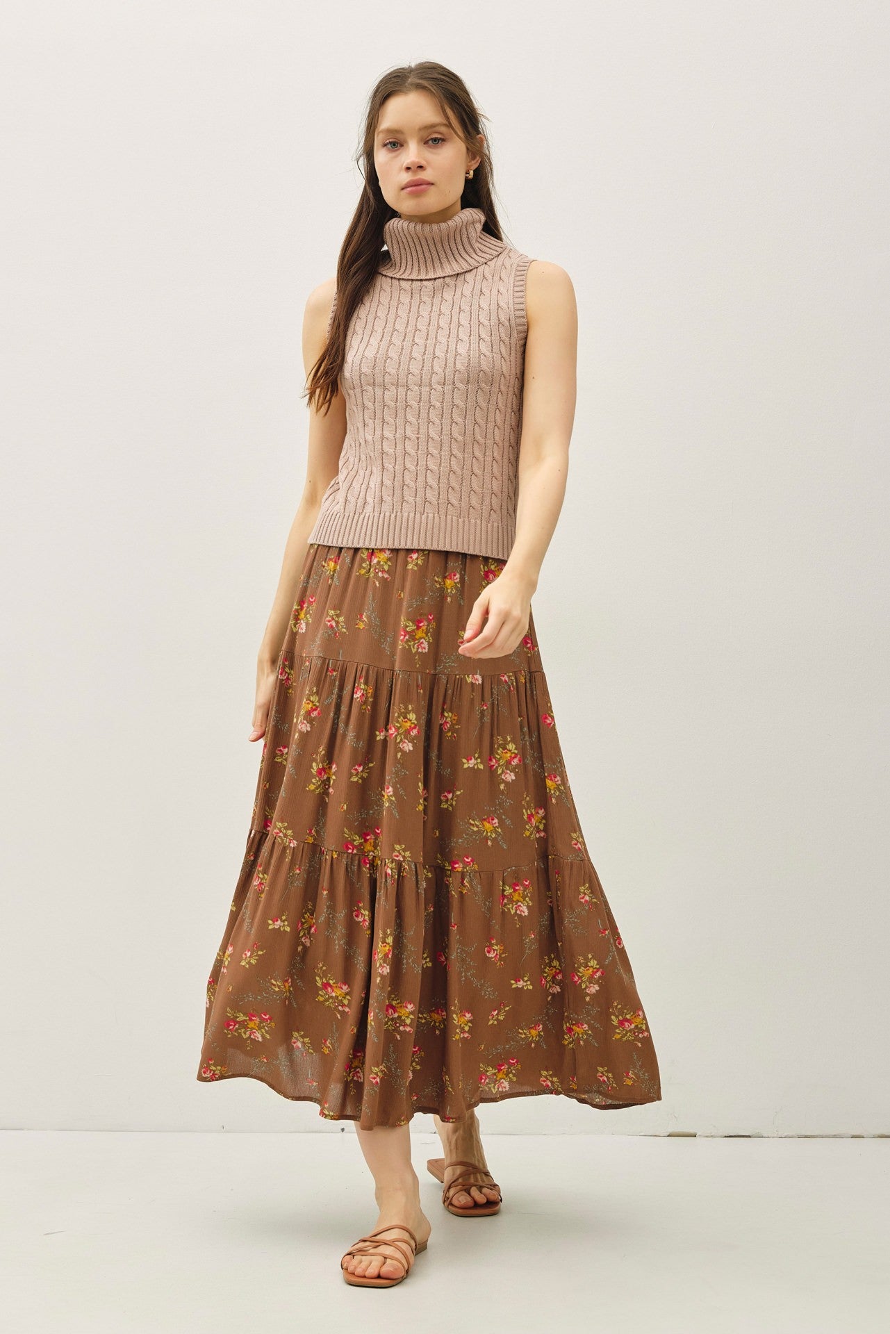 Golden Sira Print Tiered Skirt in Brown