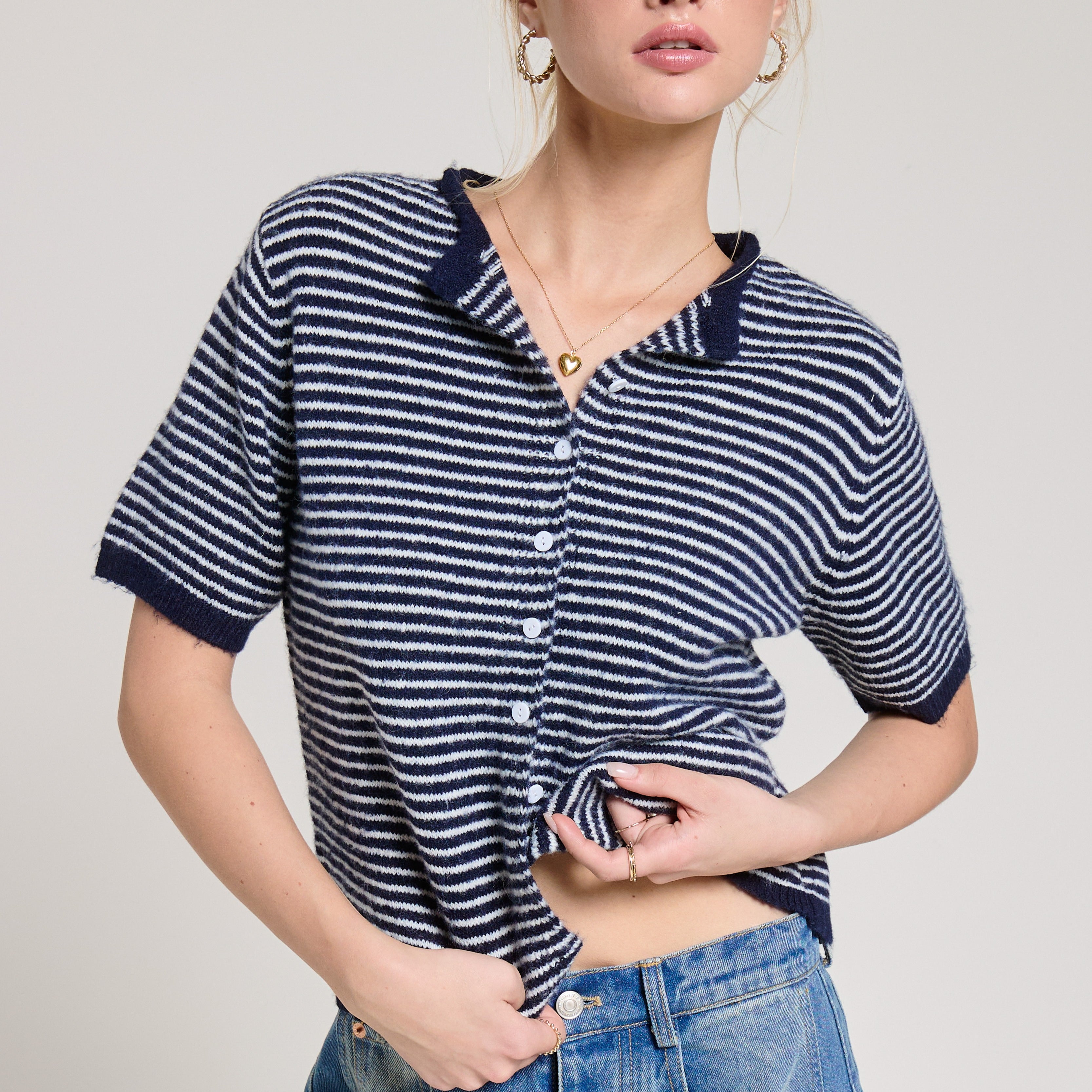 GOLDEN Patina Short Sleeve Striped Cardigan Navy