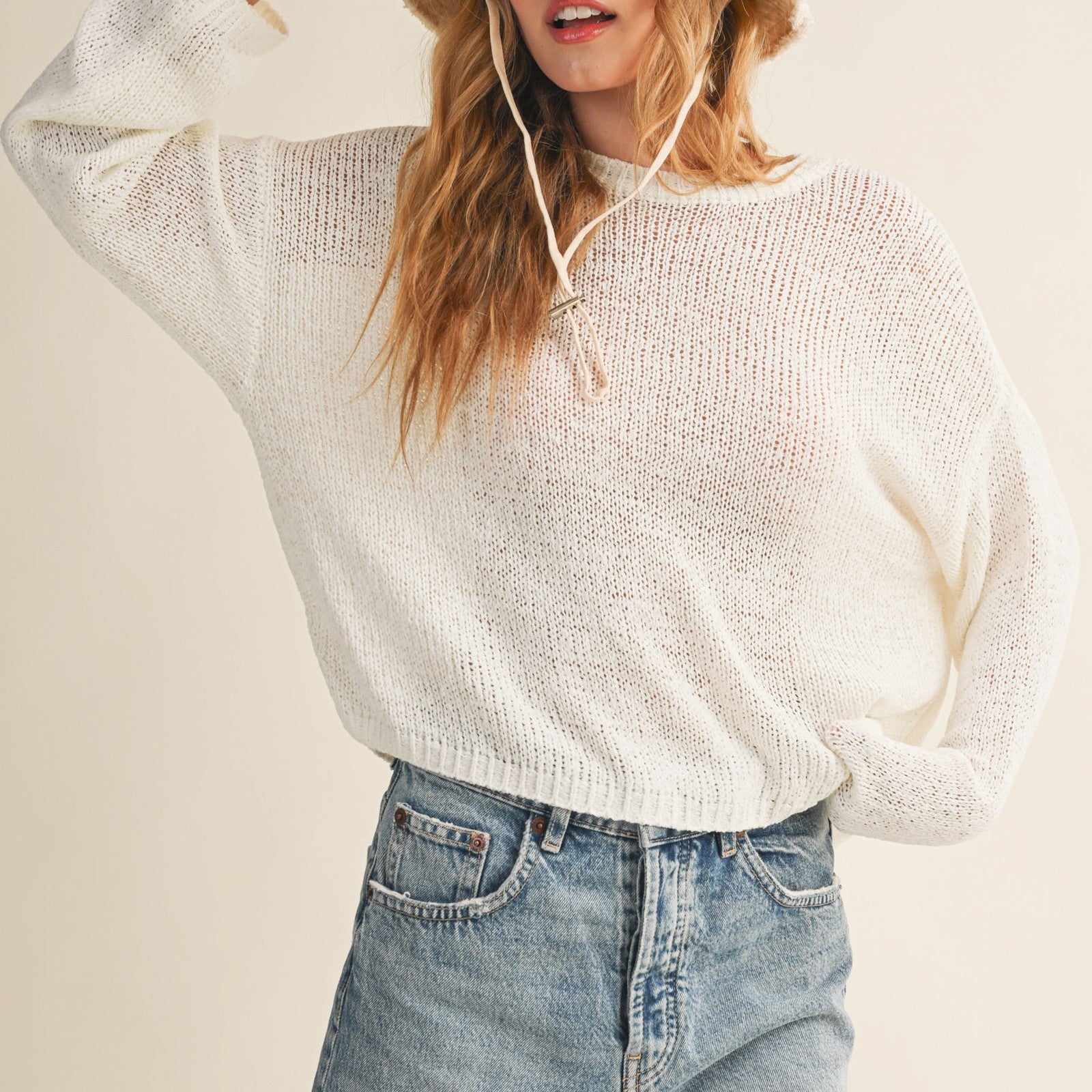 GOLDEN Mintha Lightweight LS Basic Knit Top Beige White