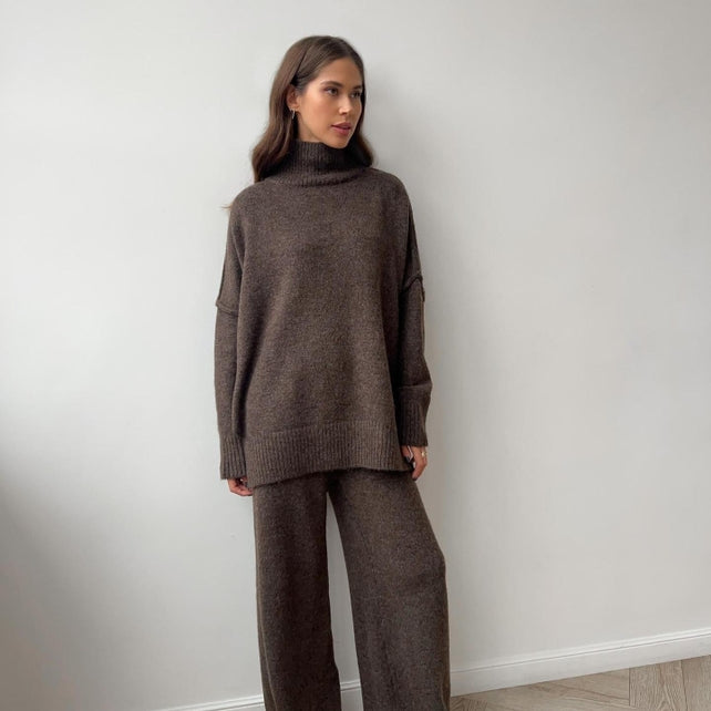 Suhkasana Turtleneck Side Slit Knit Sweater and Wide Leg Pants Set