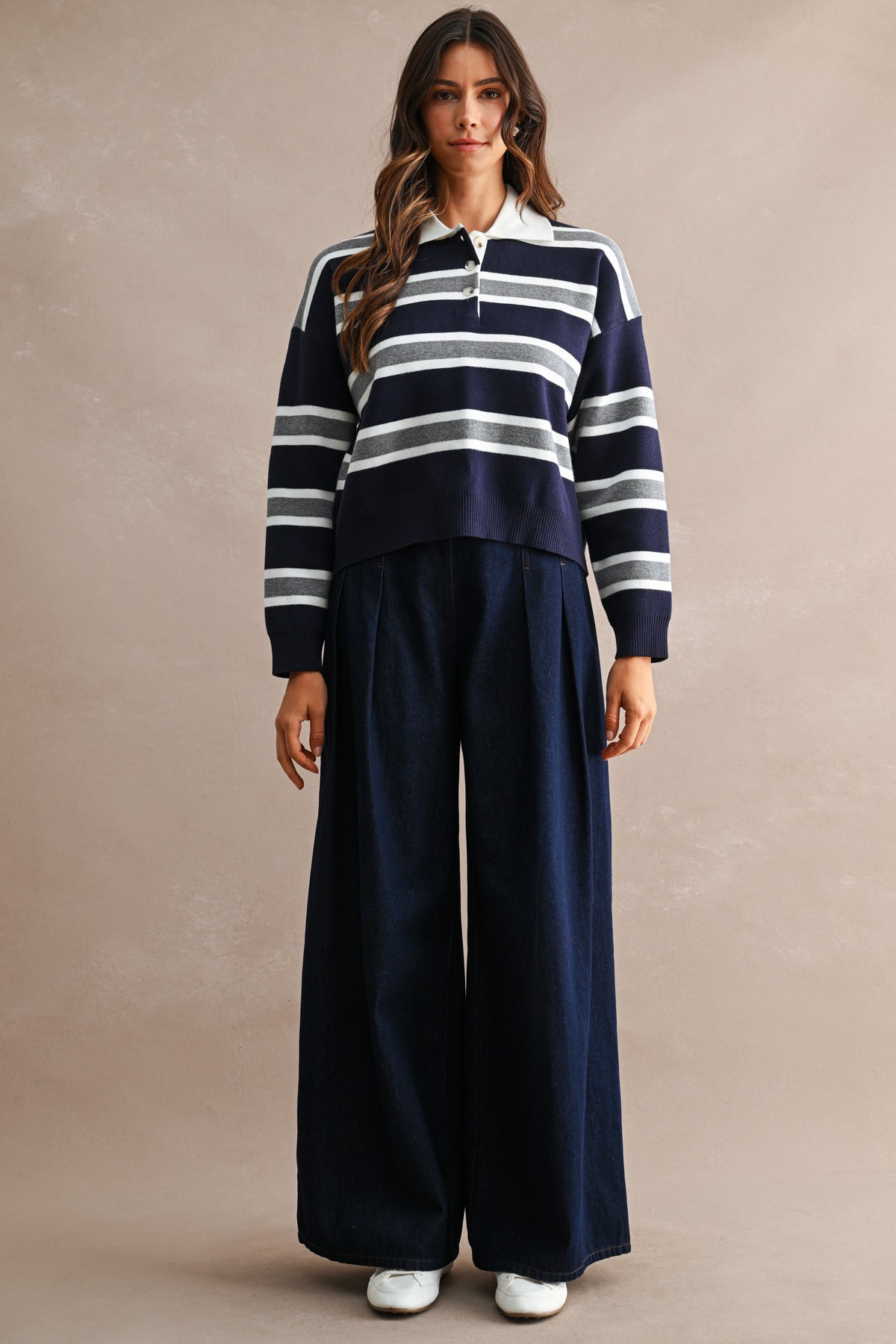 GOLDEN Garland Striped Contrast Collar Long Sleeve Knit Sweater Cropped Top by GOLDEN