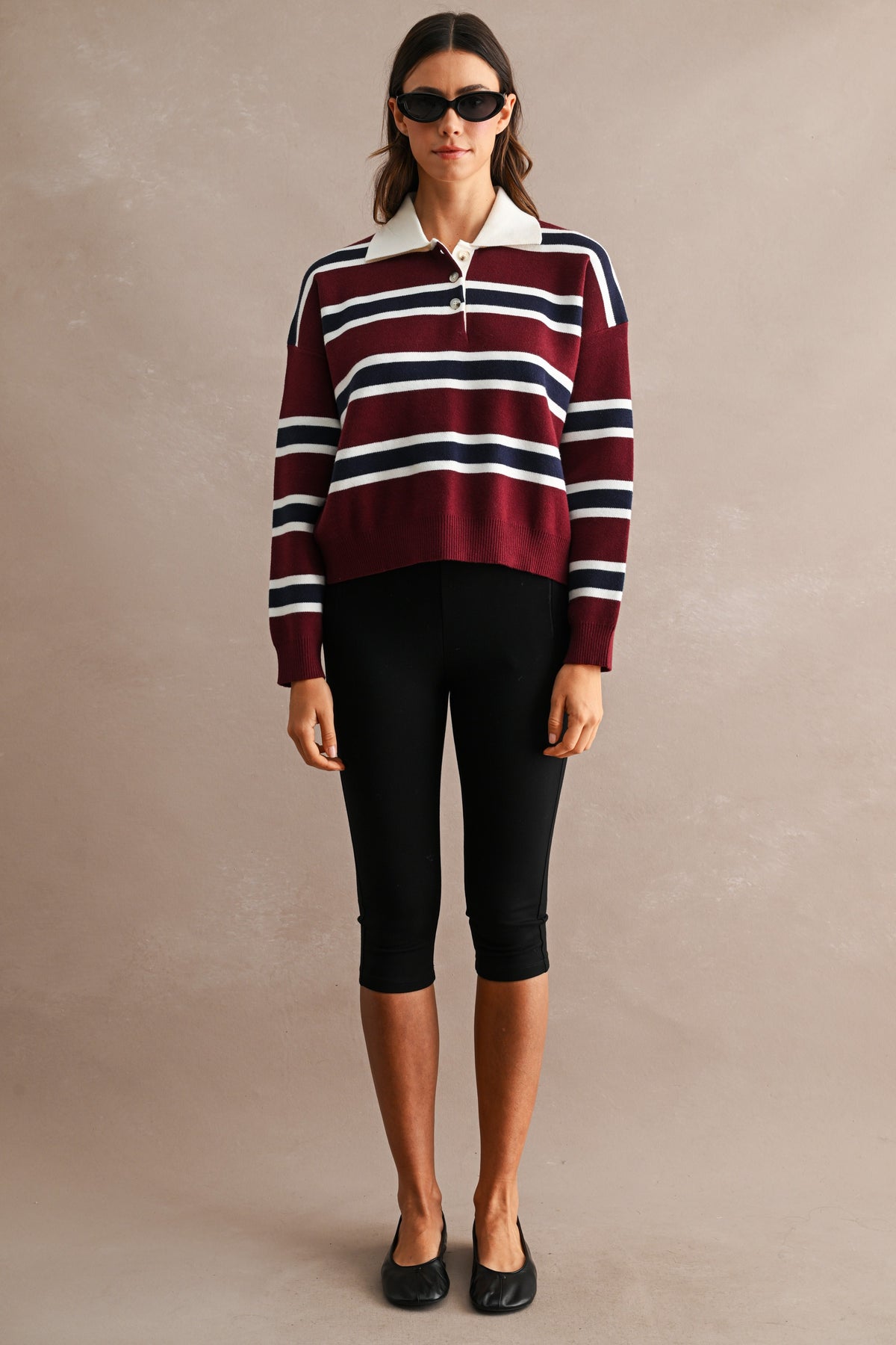 GOLDEN Garland Striped Contrast Collar Long Sleeve Knit Sweater Cropped Top by GOLDEN