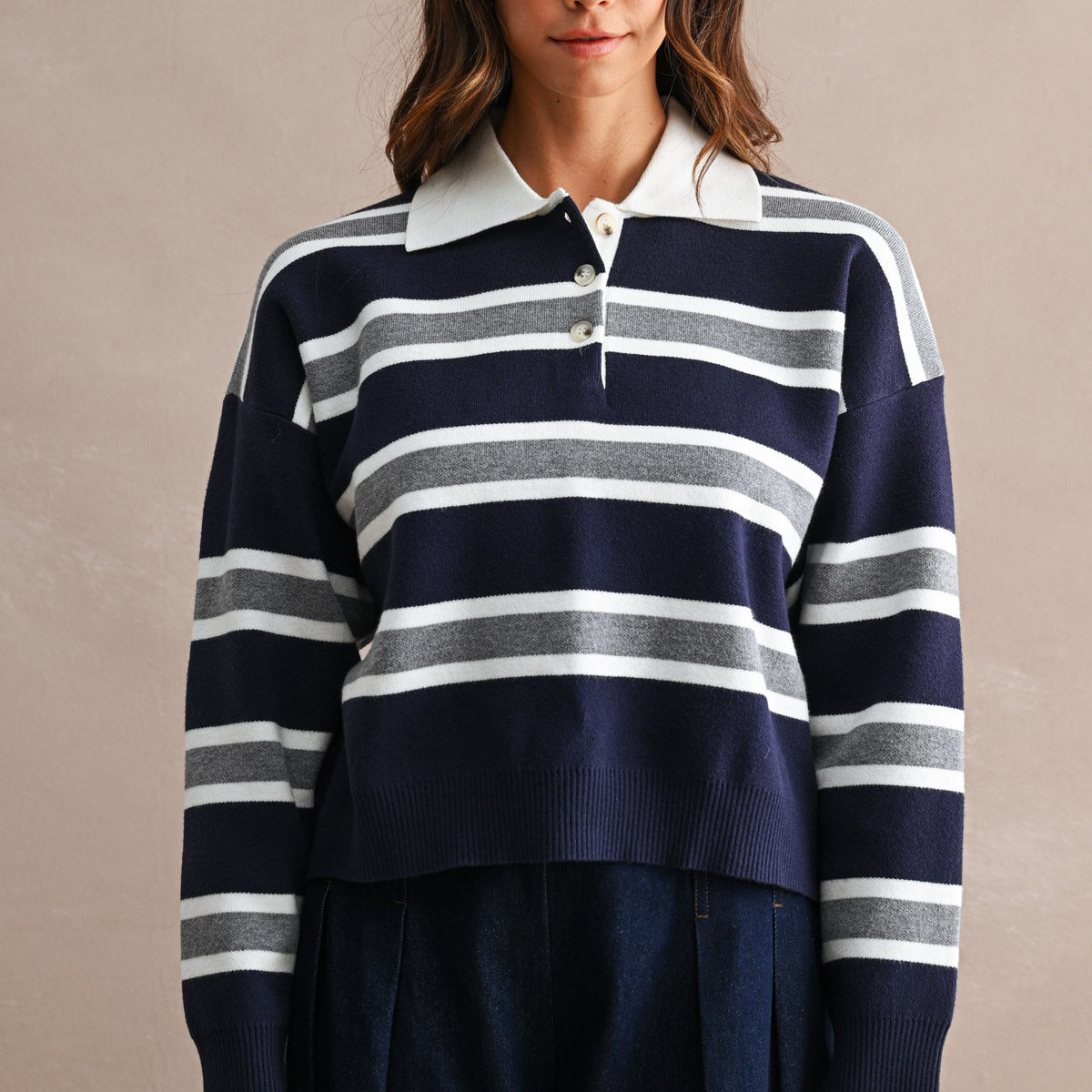 GOLDEN Garland Striped Contrast Collar Long Sleeve Knit Sweater Cropped Top Navy