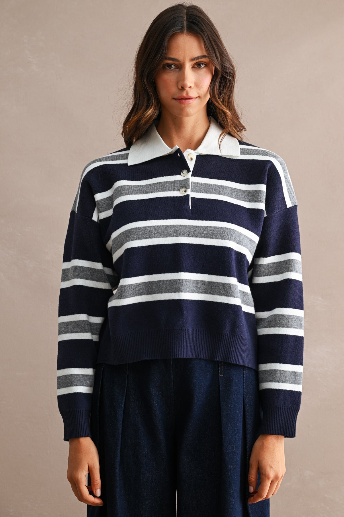 GOLDEN Garland Striped Contrast Collar Long Sleeve Knit Sweater Cropped Top Navy