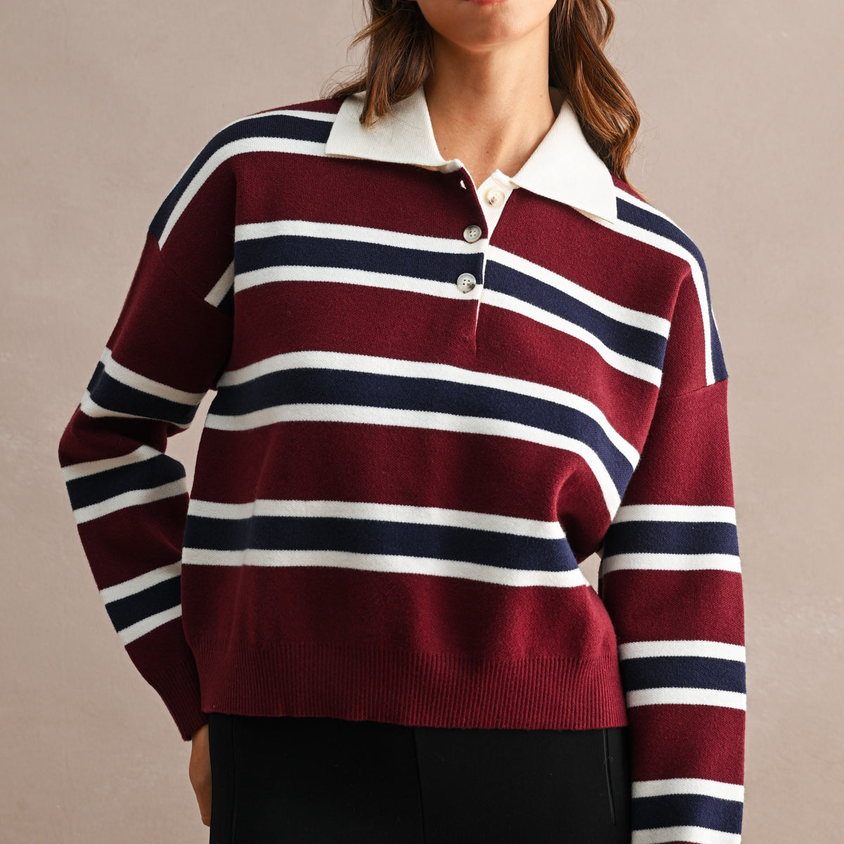 GOLDEN Garland Striped Contrast Collar Long Sleeve Knit Sweater Cropped Top Burgundy