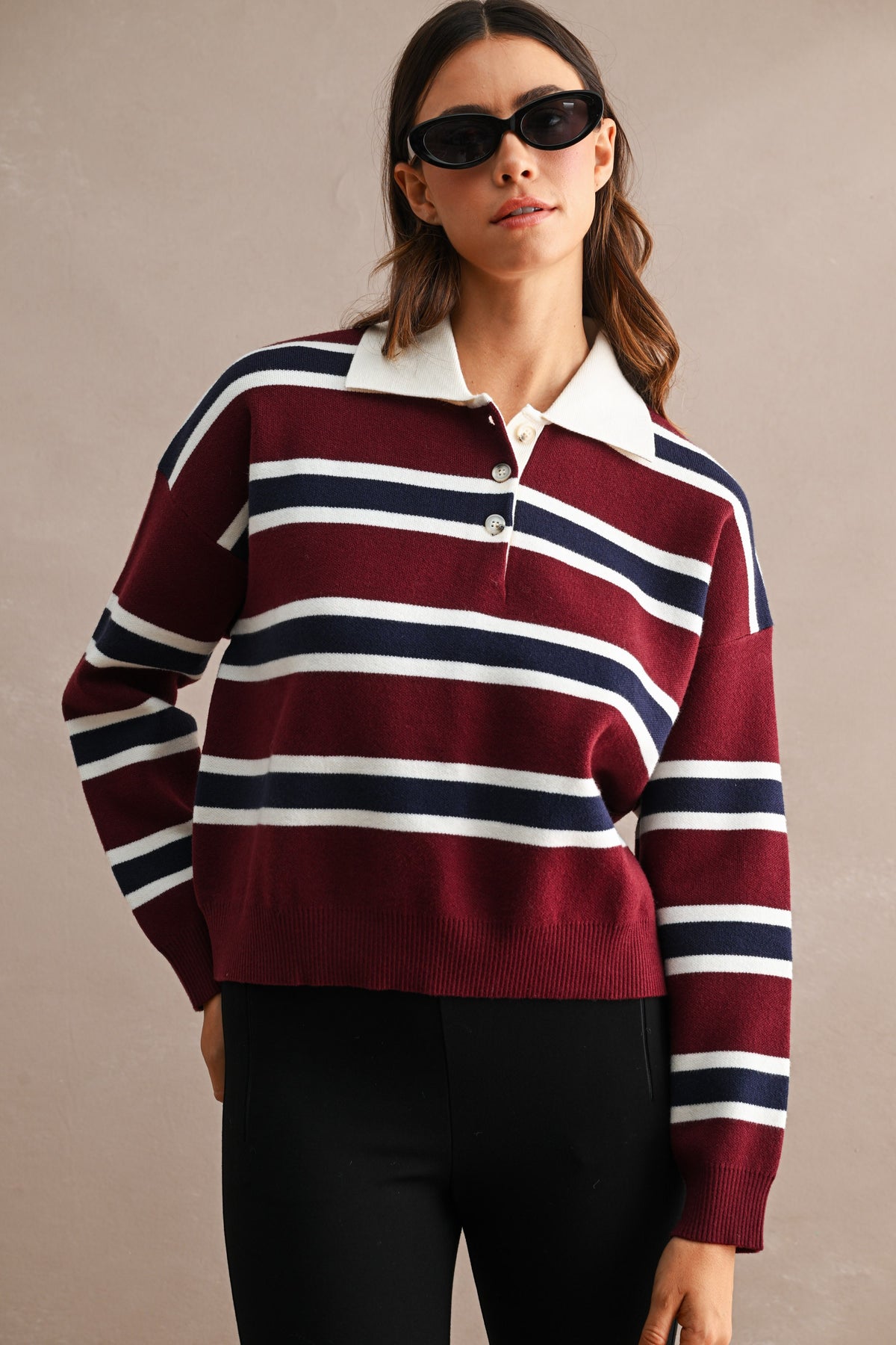 GOLDEN Garland Striped Contrast Collar Long Sleeve Knit Sweater Cropped Top Burgundy