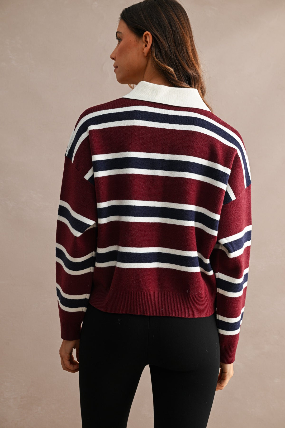 GOLDEN Garland Striped Contrast Collar Long Sleeve Knit Sweater Cropped Top by GOLDEN