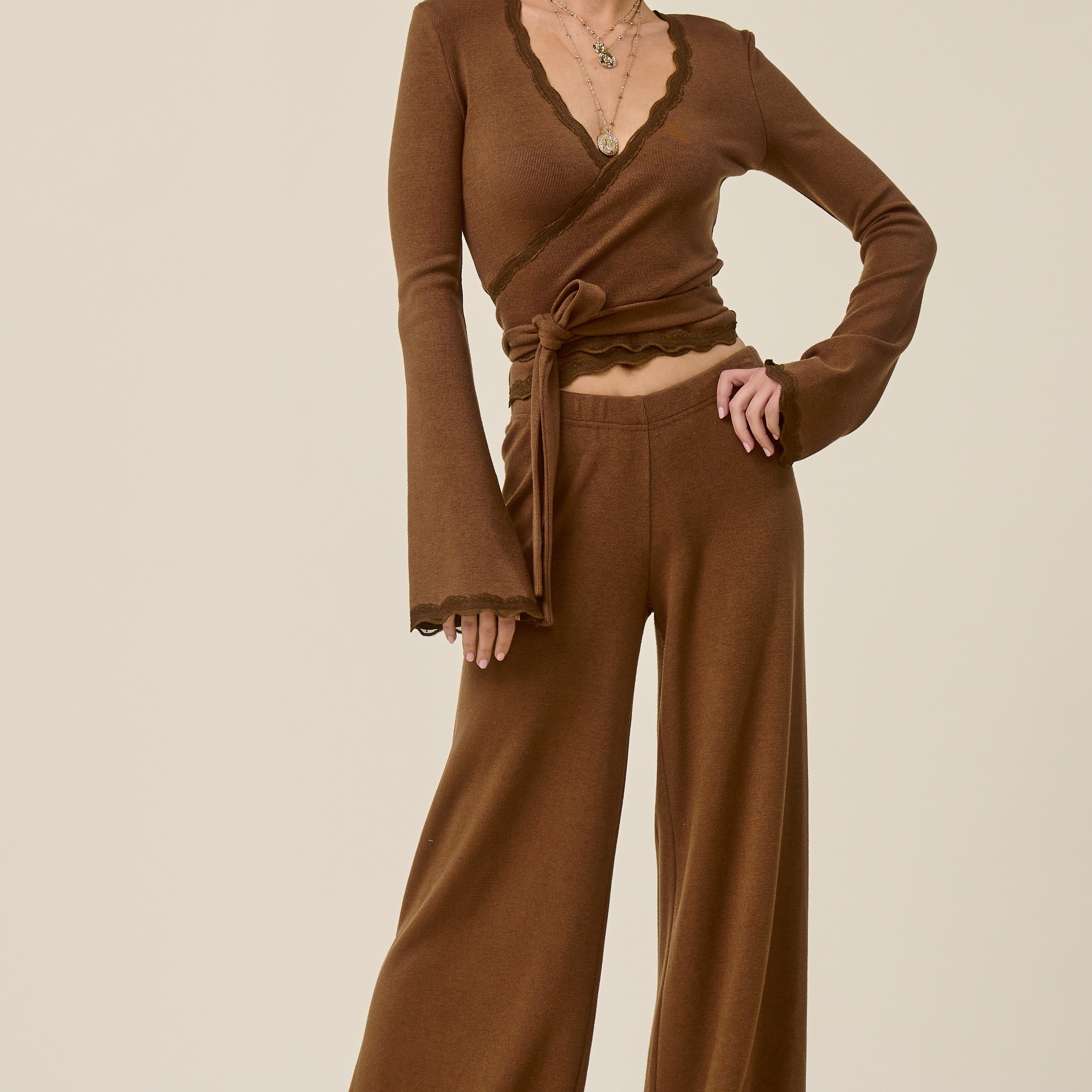 SJG Scallop Lace Trim Wrap Top And Wide Leg Pants Set