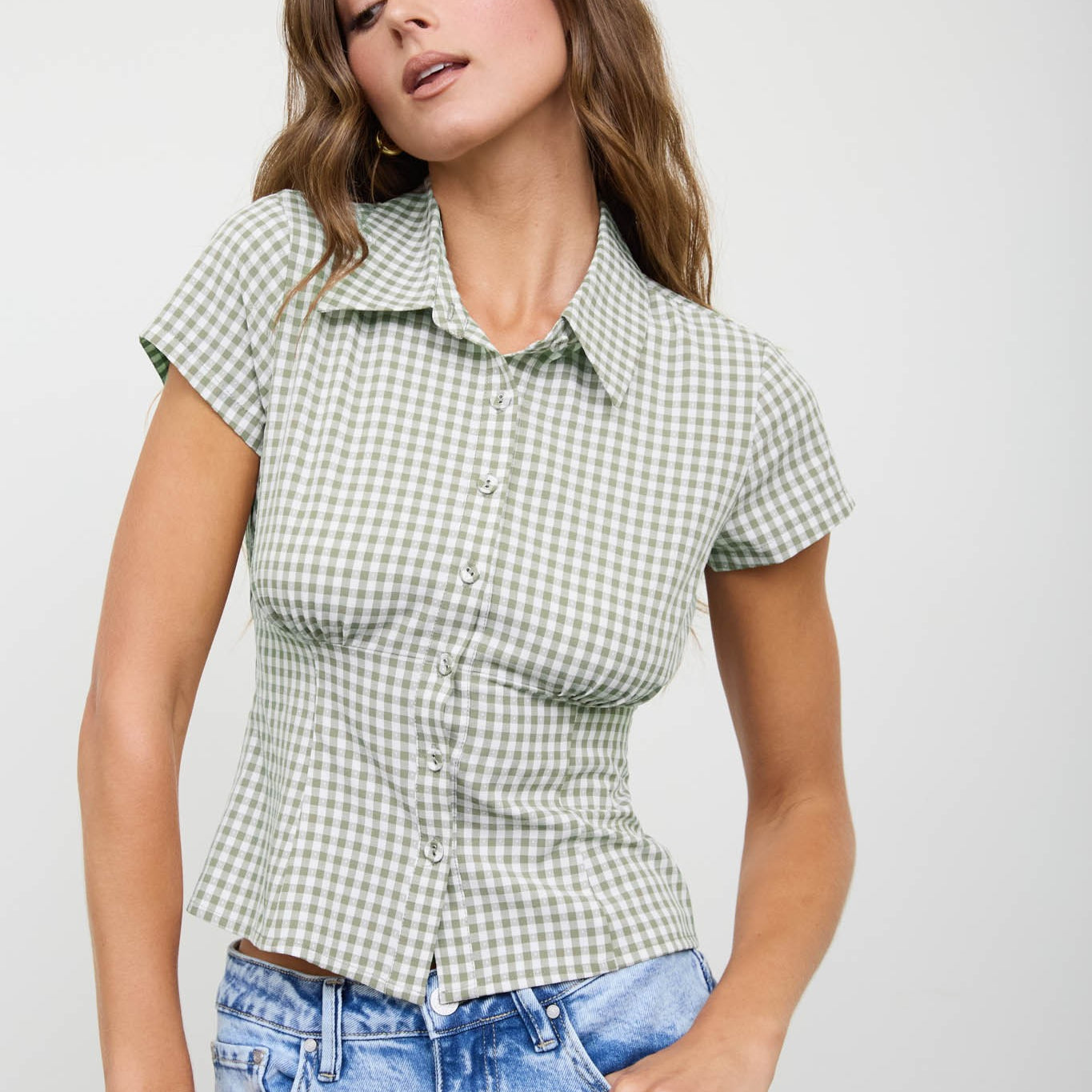 GOLDEN Calista Gingham Collared Short Sleeve Contoured Top