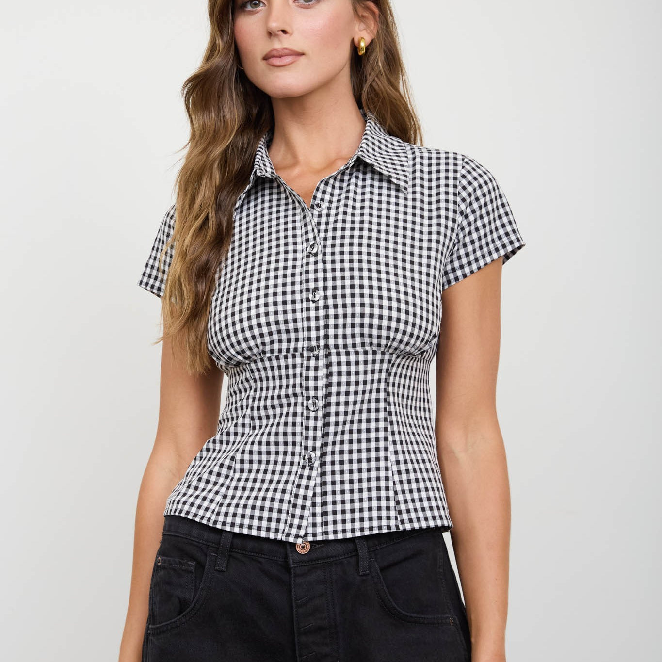 GOLDEN Calista Gingham Collared Short Sleeve Contoured Top