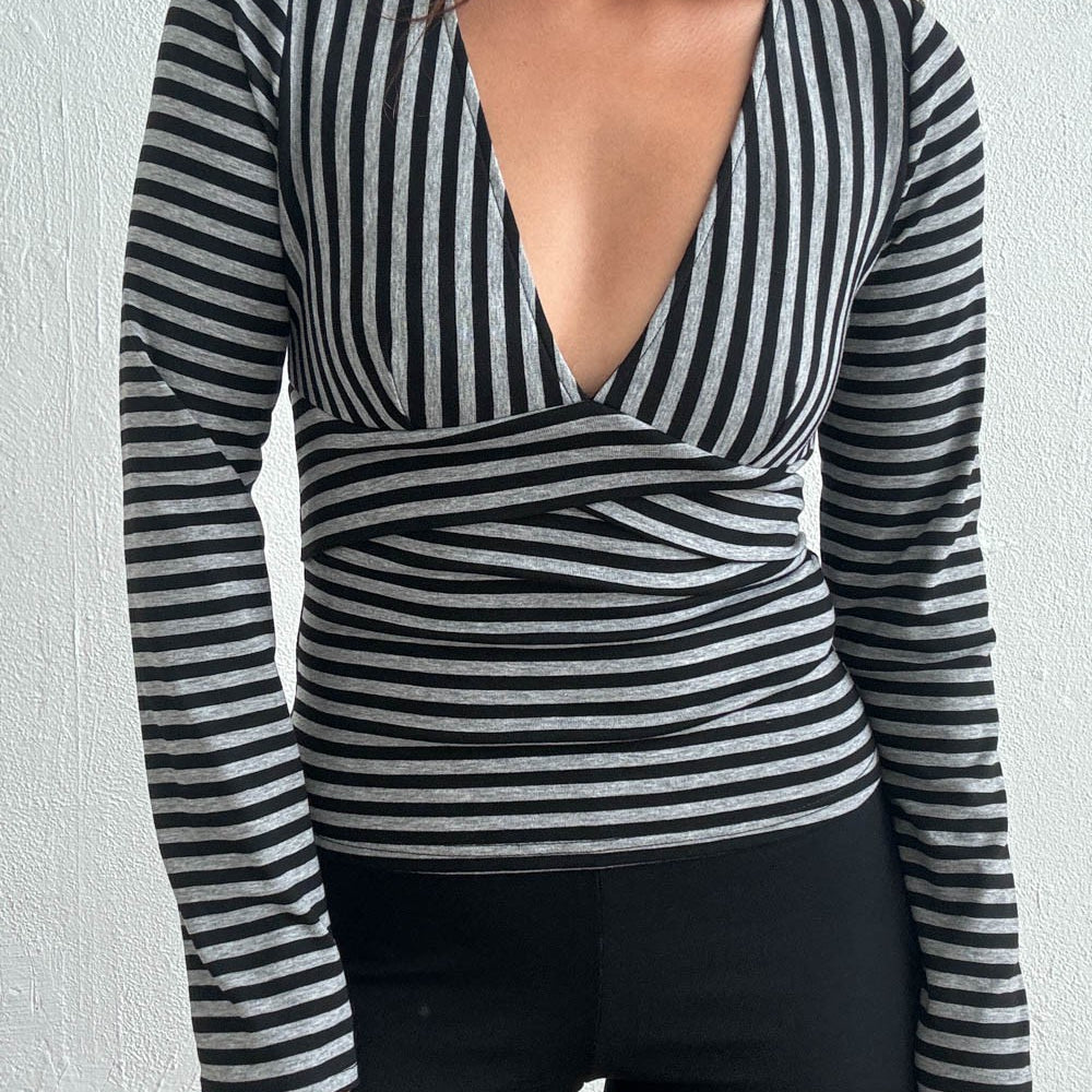 GOLDEN Gella Striped Long Sleeves Top W/ Wrap Detail