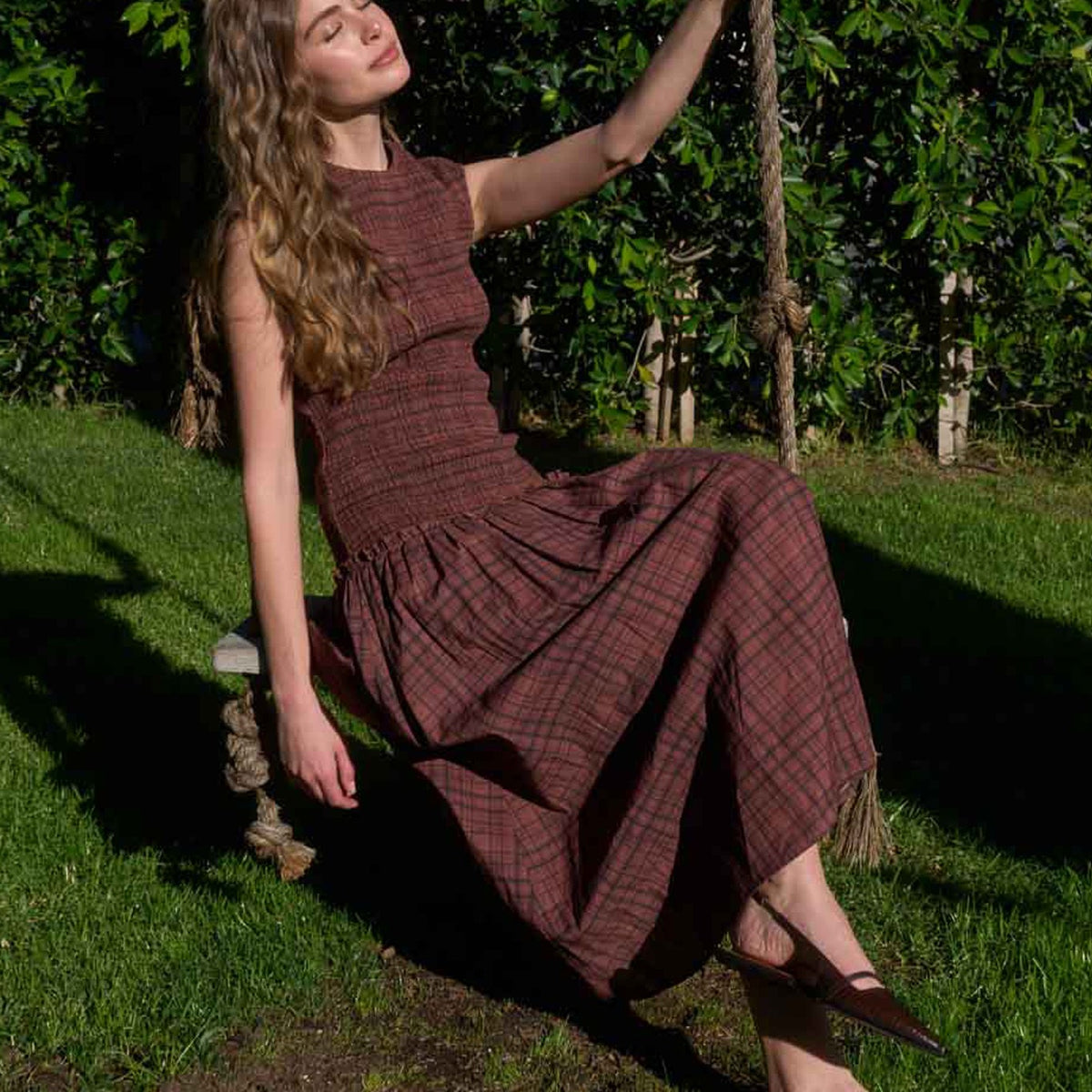 Moon River Contrast Smocked Top Plaid Midi Dress by Moon River