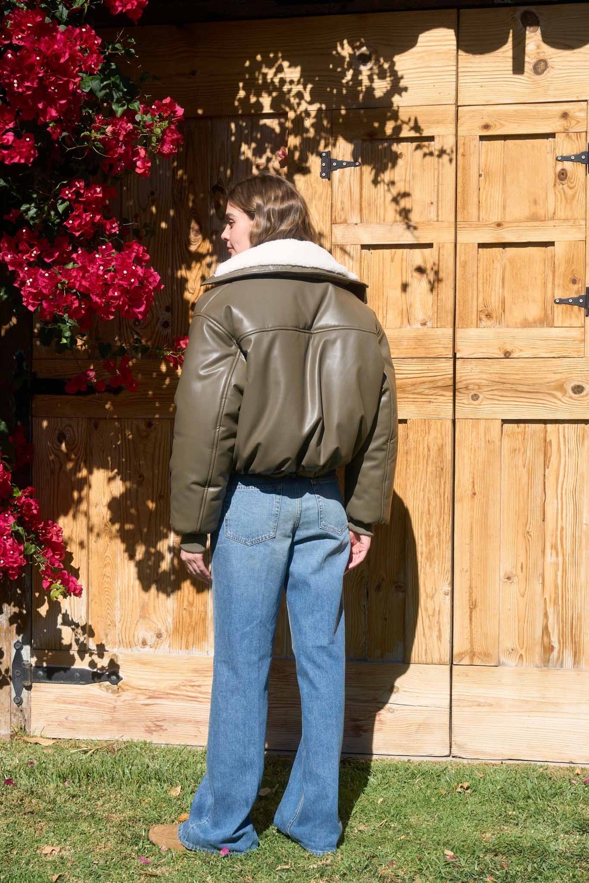 Moon River Contrast Sherpa Puffer Leather Jacket by Moon River