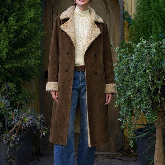 Moon River Contrast Double Breasted Faux Fur Suede Coat by Moon River