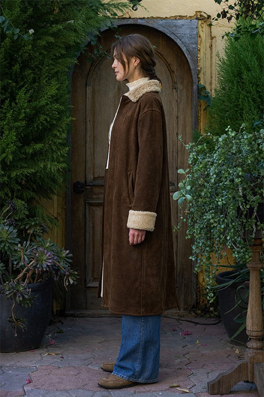 Moon River Contrast Double Breasted Faux Fur Suede Coat by Moon River