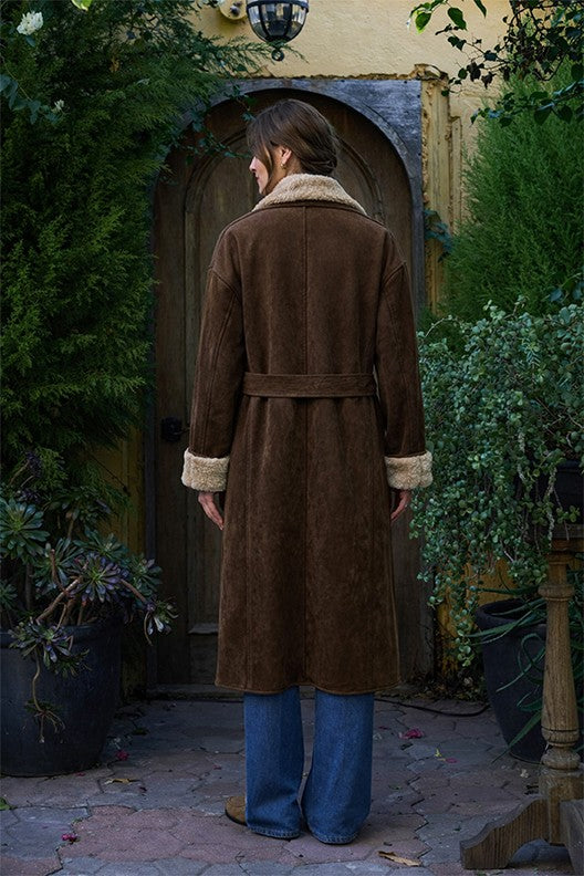 Moon River Contrast Double Breasted Faux Fur Suede Coat by Moon River