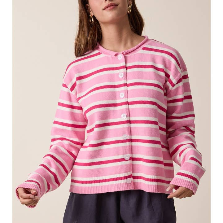 Wishlist Apparel Multi-Striped Button-Up Sweater Cardigan Pink