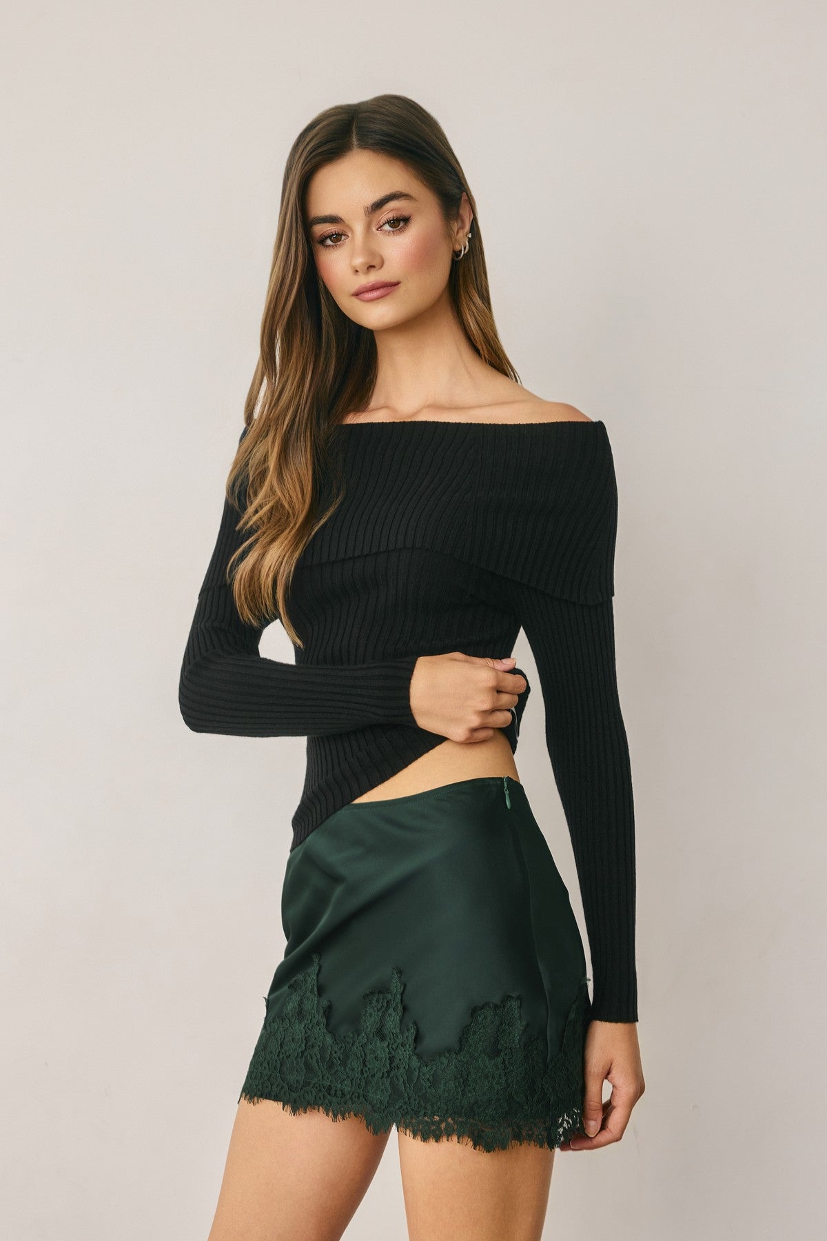 Dress Forum Satin Lace Trim Mid Rise Mini Skirt by Dress Forum
