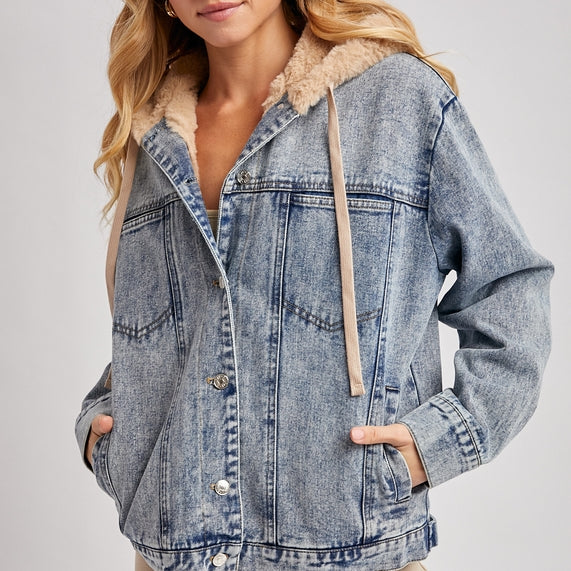 Bluivy Button Down Faux Fur Hooded Denim Jacket Light Wash