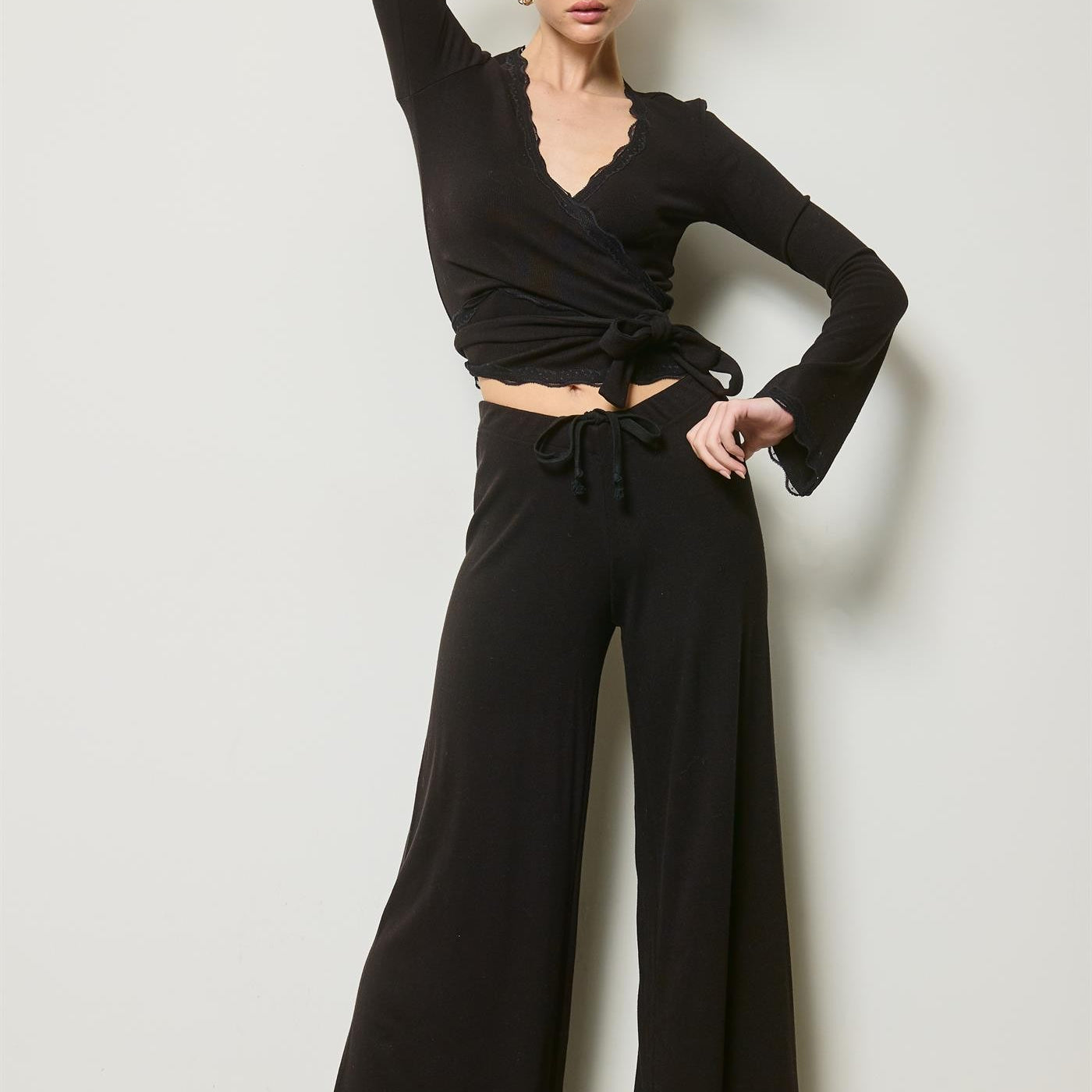 SJG Scallop Lace Trim Wrap Top And Wide Leg Pants Set