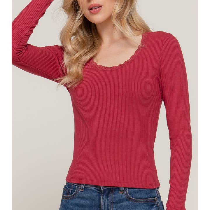 Active Basic Long Sleeve Scoop Neck with Lace Trim Rib Knit Top