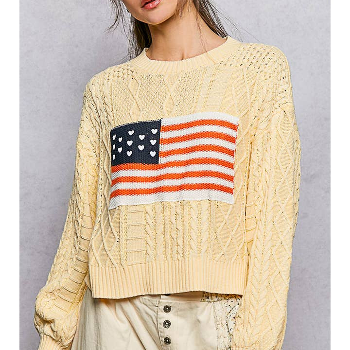 Pol Clothing American Flag Star Stitch Acrylic Cable Sweater Top by Pol Clothing