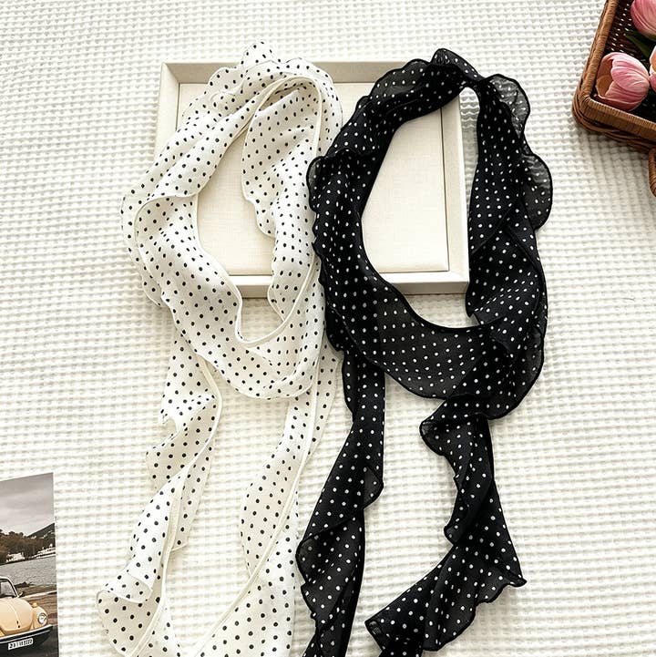 Dipped Shop Minimalist Polka Dots Ruffled Edges Silk Scarf by Dipped Shop