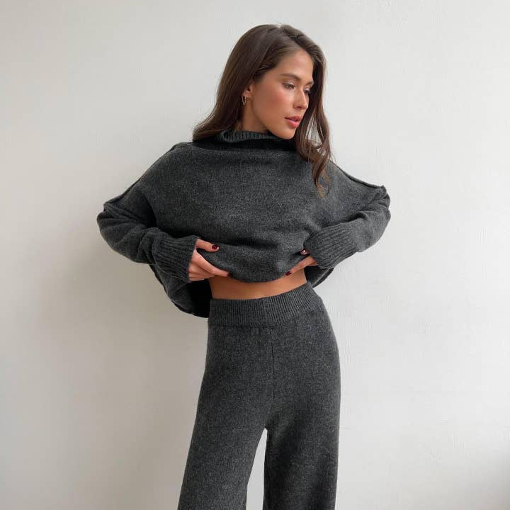 Suhkasana Turtleneck Side Slit Knit Sweater and Wide Leg Pants Set