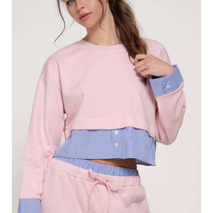 Active Basic Long Sleeve Sweatshirt with Contrasting Check Panel Pink