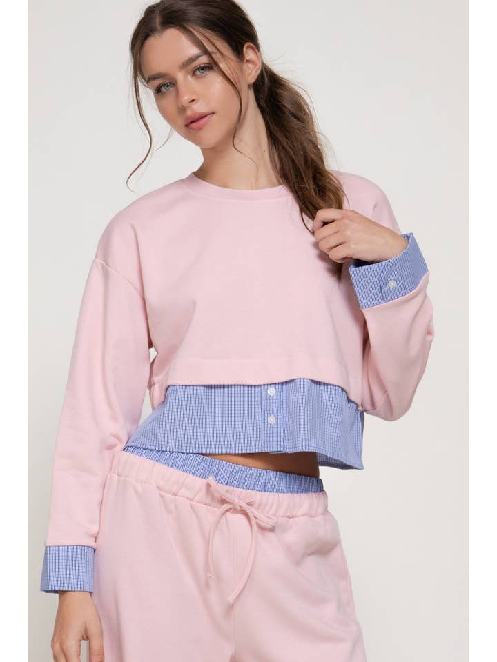 Active Basic Long Sleeve Sweatshirt with Contrasting Check Panel Pink