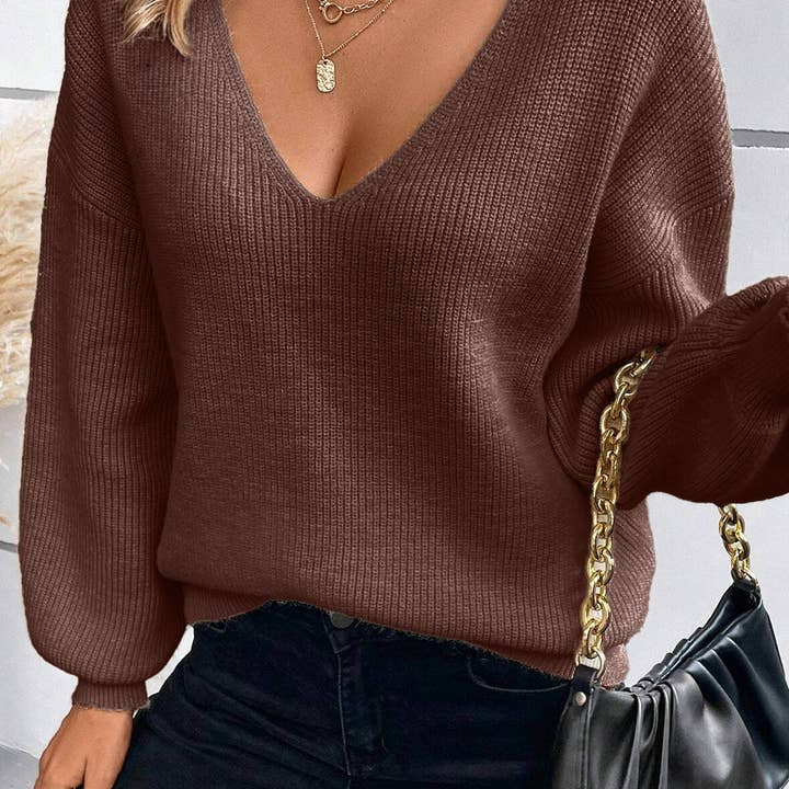 Suhkasana Apricot Lantern Sleeve V Neck Knot Back Sweater Coffee