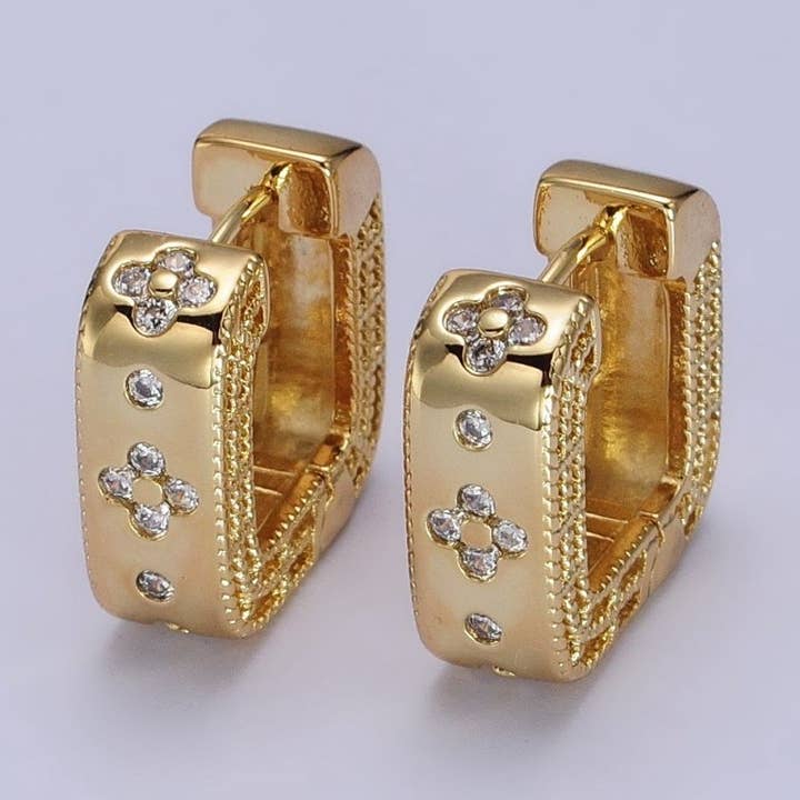 Aim Eternal 24K Gold Filled Clear Quatrefoil Cz Square Huggies