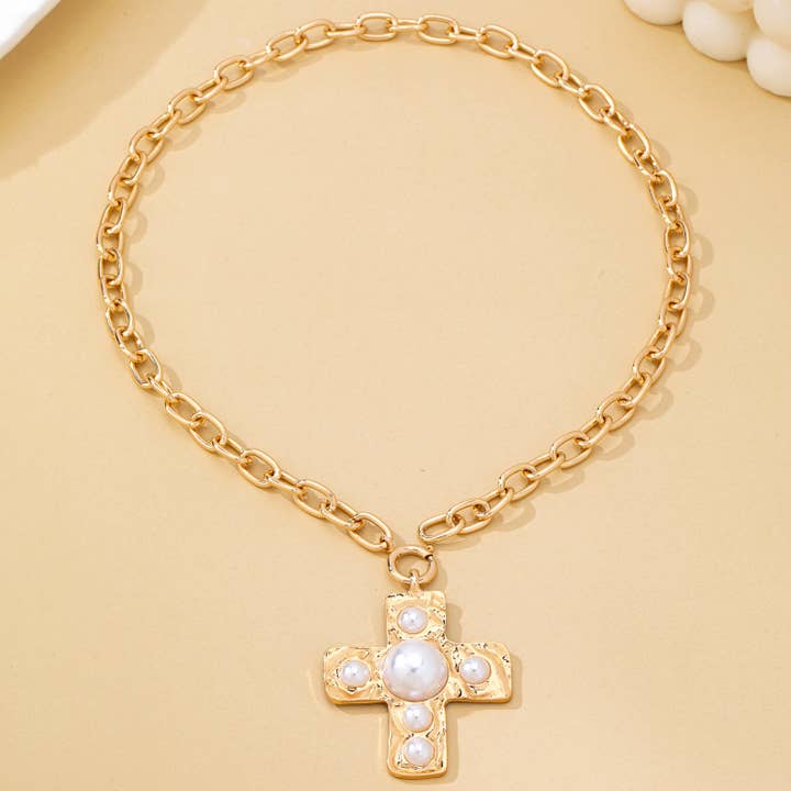 JOSSLYN by Wall to Wall Hammered Cross Pearl Necklace
